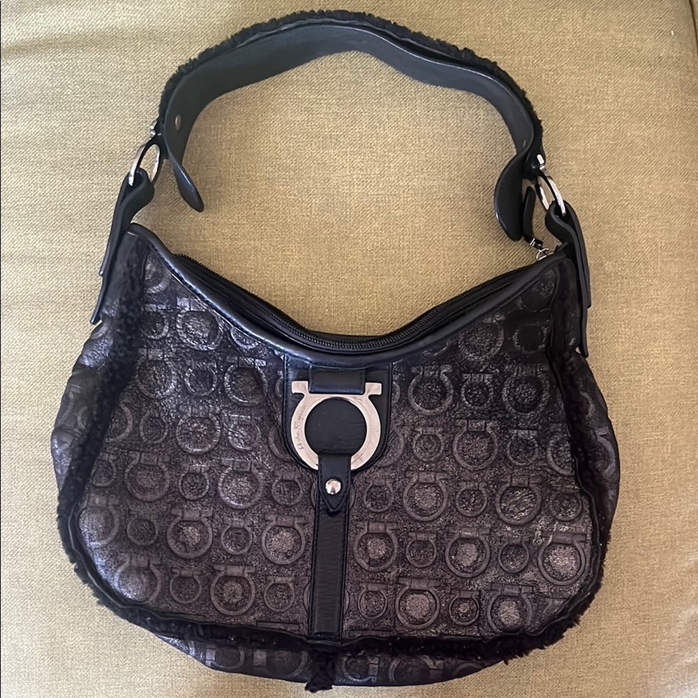 Salvatore Ferragamo Embossed Leather Black Hobo Bag with Mutton Trim